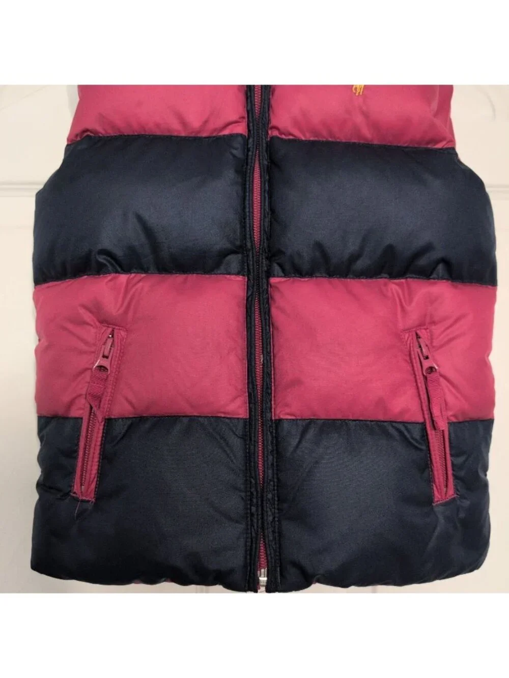 Ralph Lauren Stripe Down Puffer Vest Girls Size 6X Pink Blue Crest Reversible